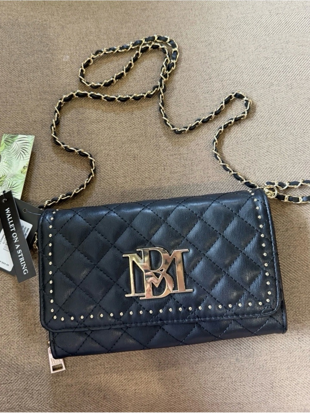 Badgley Mischka Black Quilted Crossbody Wallet with Gold Chain